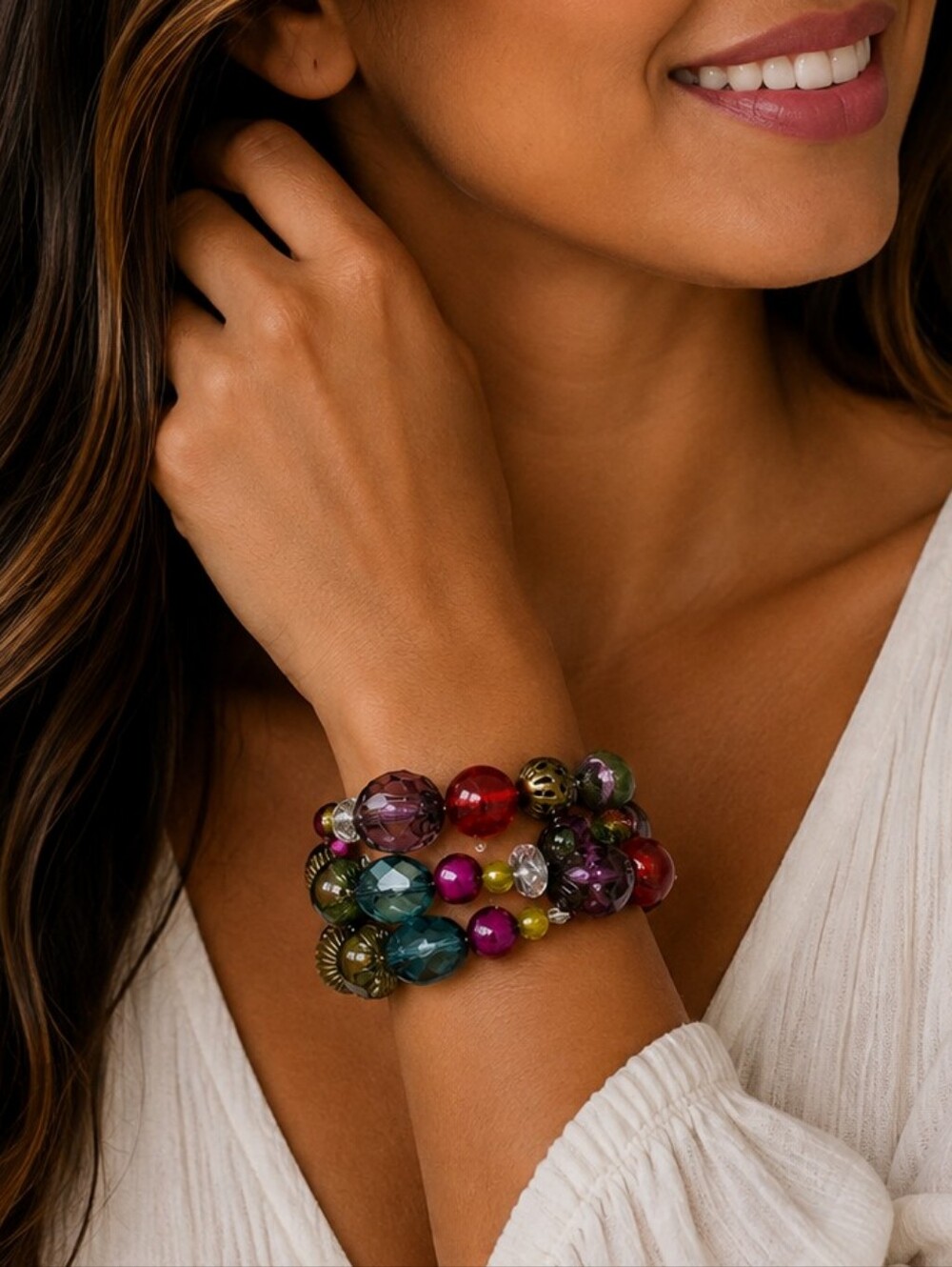 💎Chunky Beaded Stretch Bracelet Multicolor Glass Boho Statement EUC